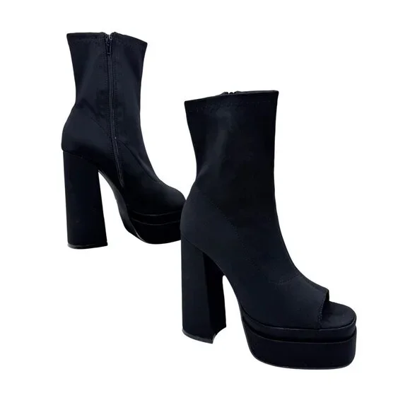 NIB Black Platform Open Toe Chunky Heel Lug Sole Casual Sexy Ankle Boots 10 - Picture 16 of 16